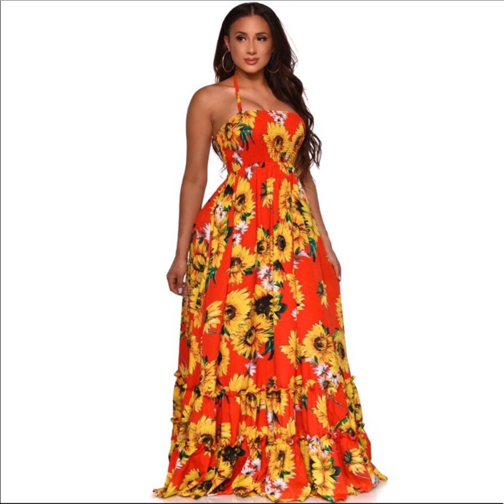NWT Boutique Floral Sunflower Open Back Maxi Dress Sleeveless Sundress M